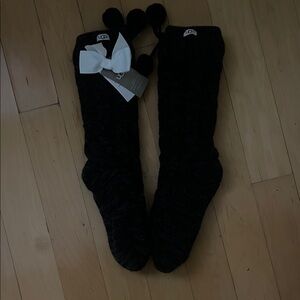 UGG Australia Women's Cable Knit Slipper Socks with Pom Poms - Charcoal Gray